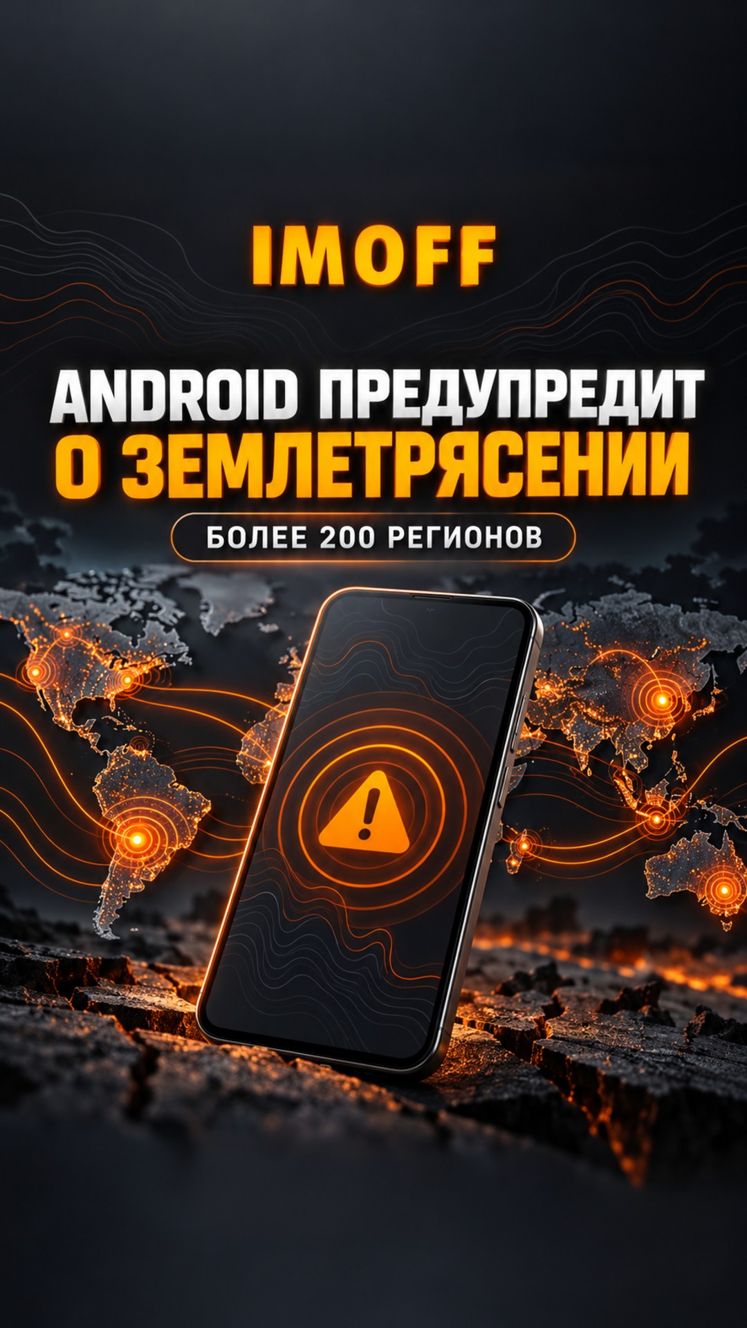 Смартфон с символом предупреждения о землетрясении на фоне карты мира и логотипа IMOFF