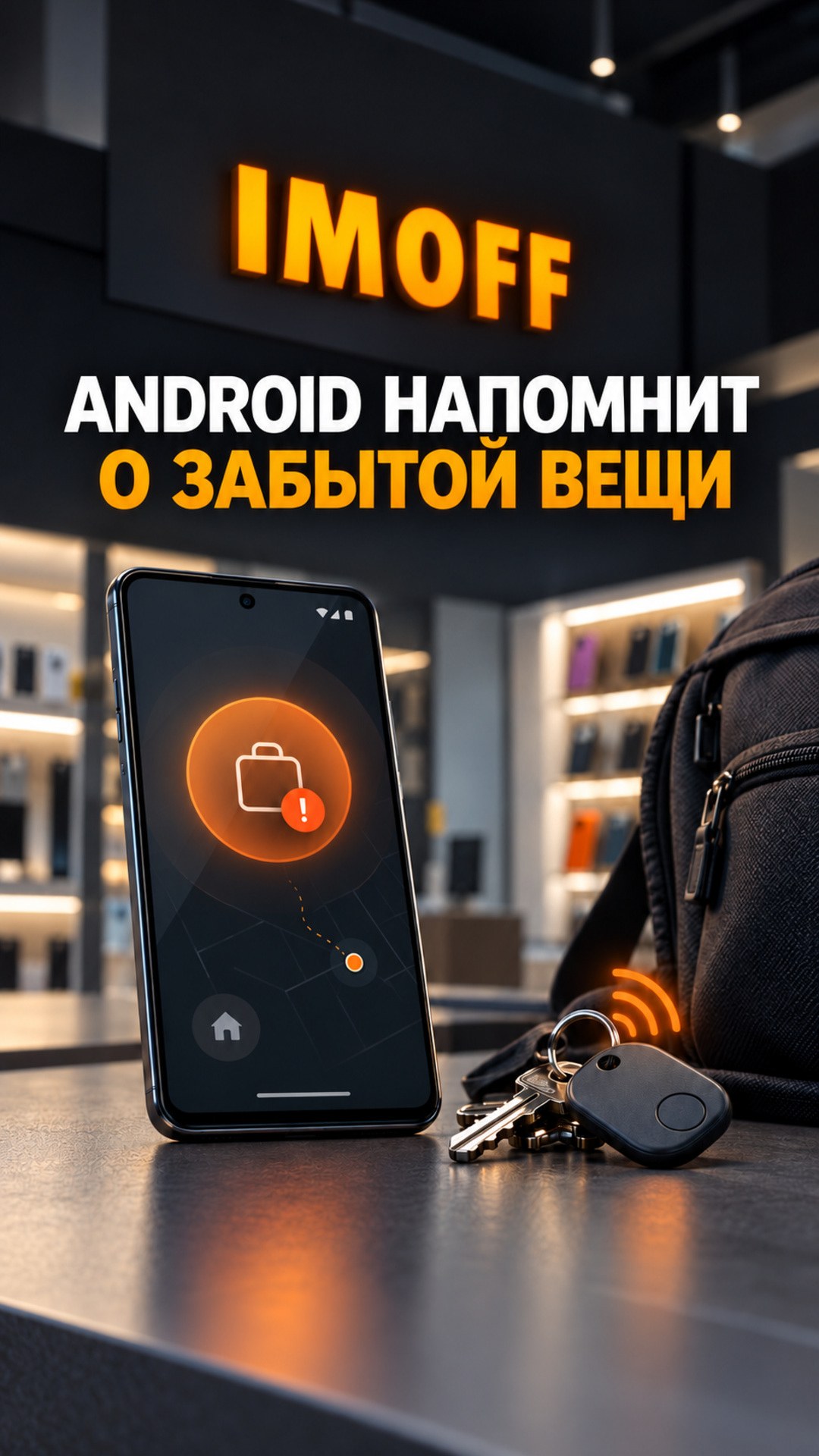 Смартфон Android предупреждает о забытой сумке с меткой Find Hub на фоне салона IMOFF