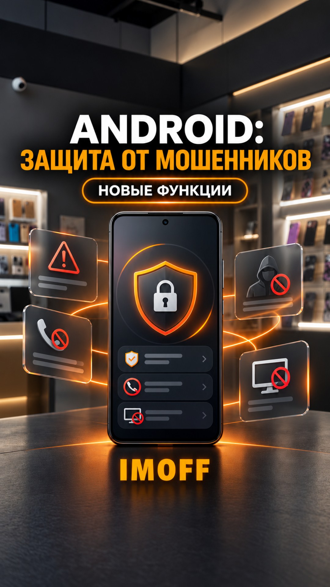 Смартфон с символом защиты и предупреждениями о мошенничестве на графитовом фоне