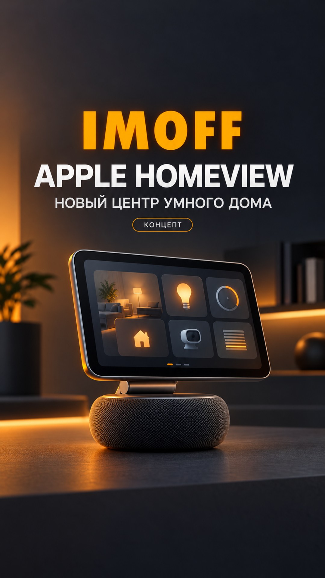 Концептуальное изображение домашнего экрана Apple HomeView на графитовом фоне с оранжевым логотипом IMOFF