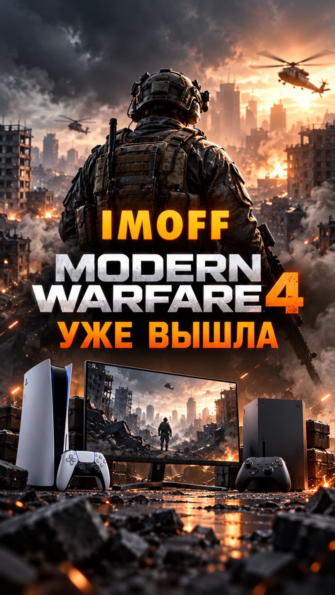 Игровая сцена Modern Warfare 4, современные консоли и оранжевый логотип IMOFF