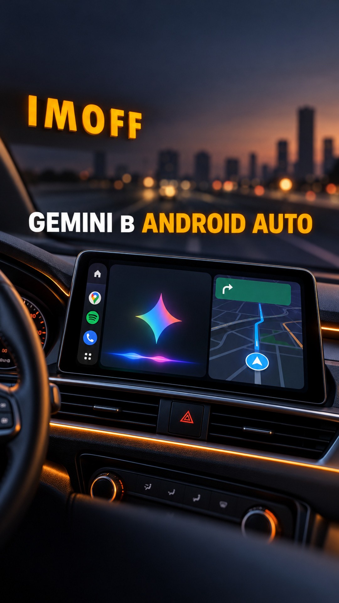 Экран Android Auto с символом Gemini на фоне автомобильного салона и логотипом IMOFF