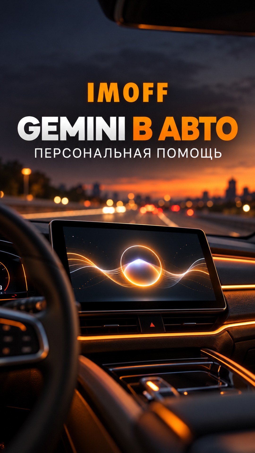Интерьер автомобиля с экраном голосового помощника и заголовком о Gemini в авто
