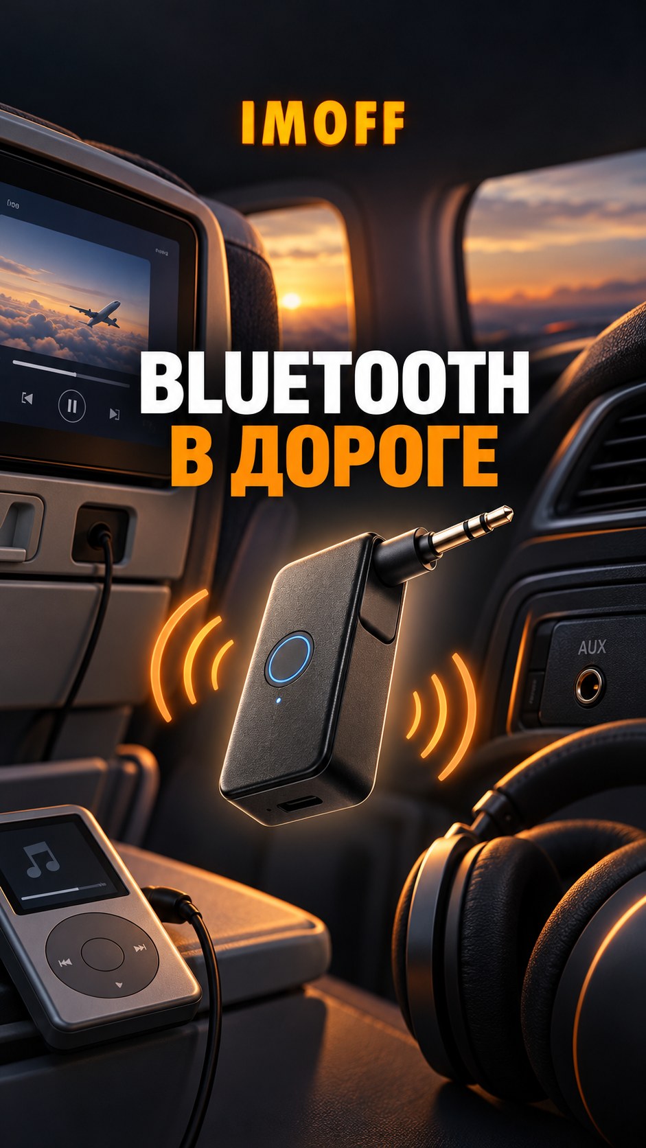 Концептуальная обложка с компактным Bluetooth-адаптером, бортовым экраном, AUX и наушниками