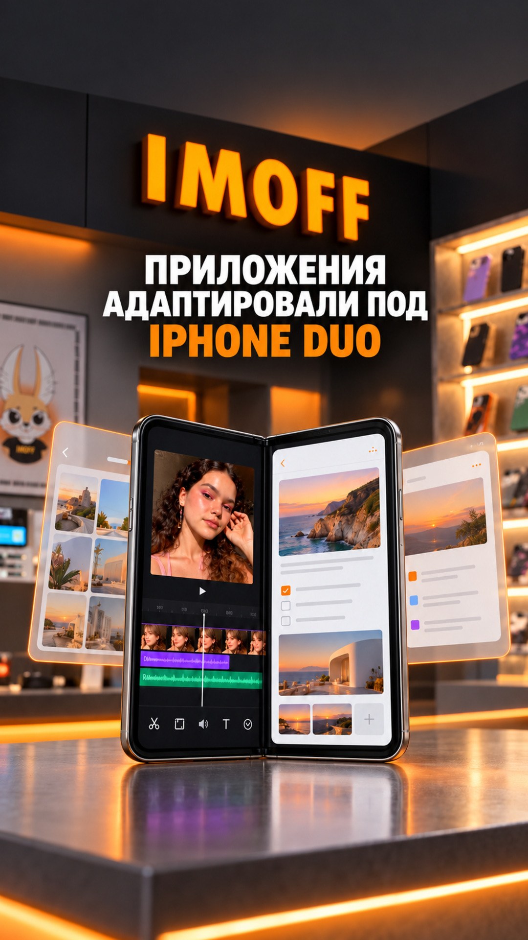 Складной iPhone Duo с адаптированным интерфейсом приложений на обложке IMOFF