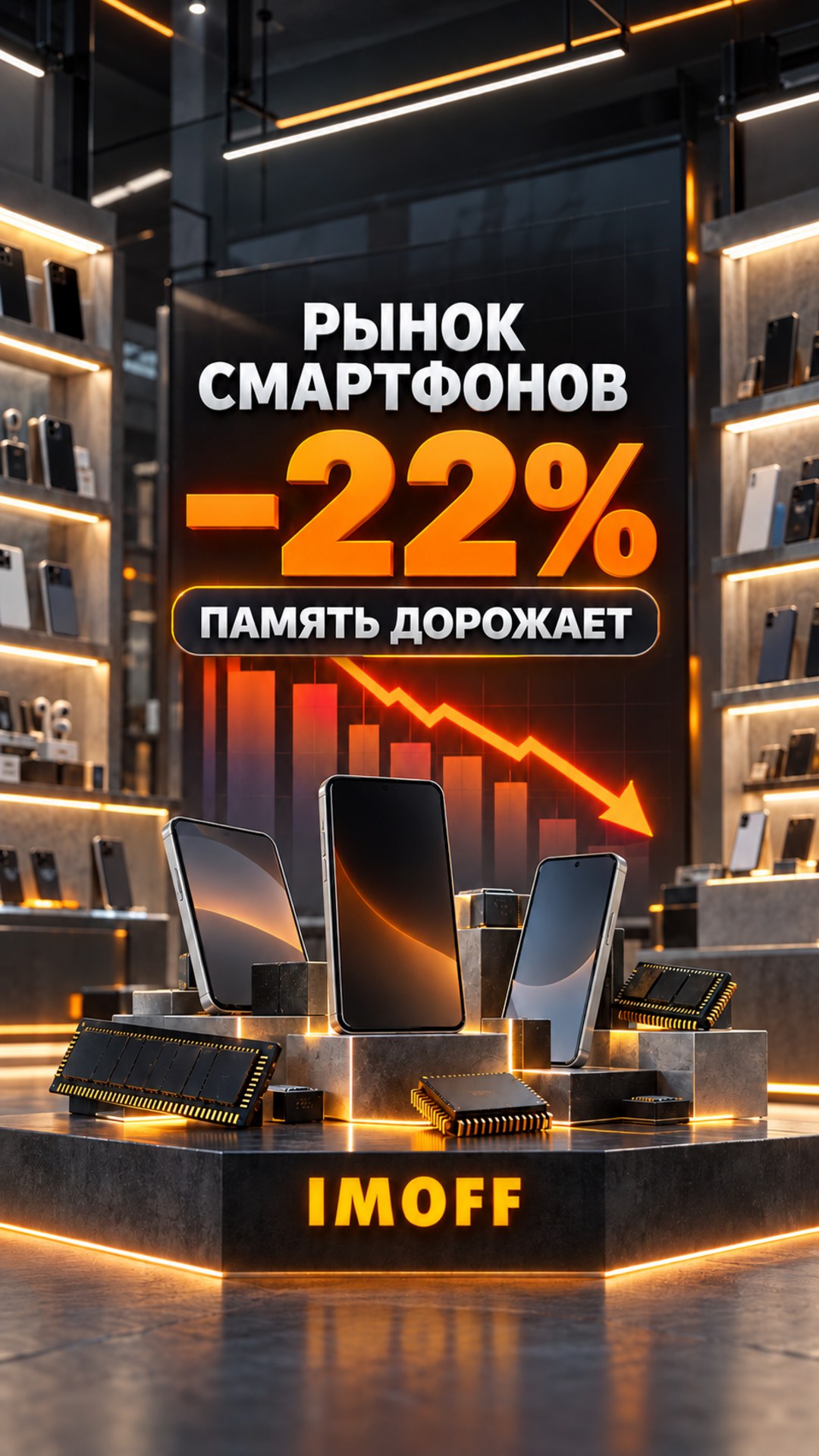 Смартфоны и микросхемы памяти на фоне графика падения рынка на 22 процента