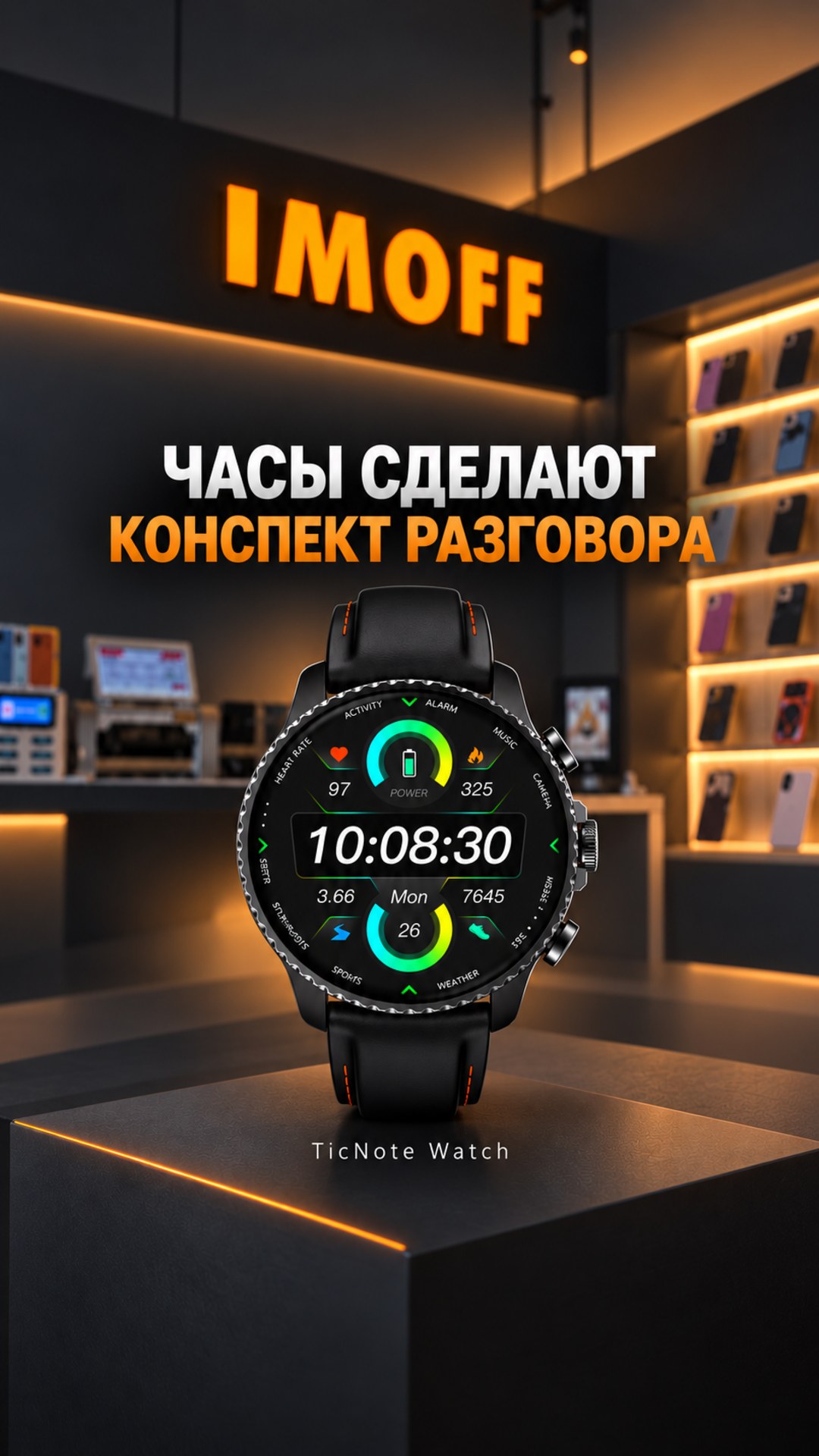 TicNote Watch на графитовом фоне с оранжевым логотипом IMOFF