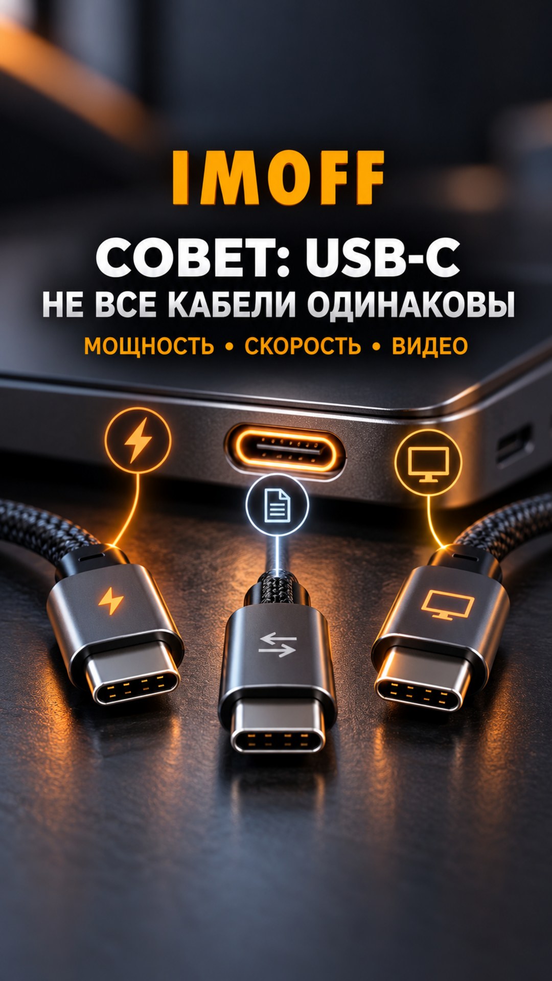 Три кабеля USB-C для зарядки, передачи данных и видео рядом с логотипом IMOFF
