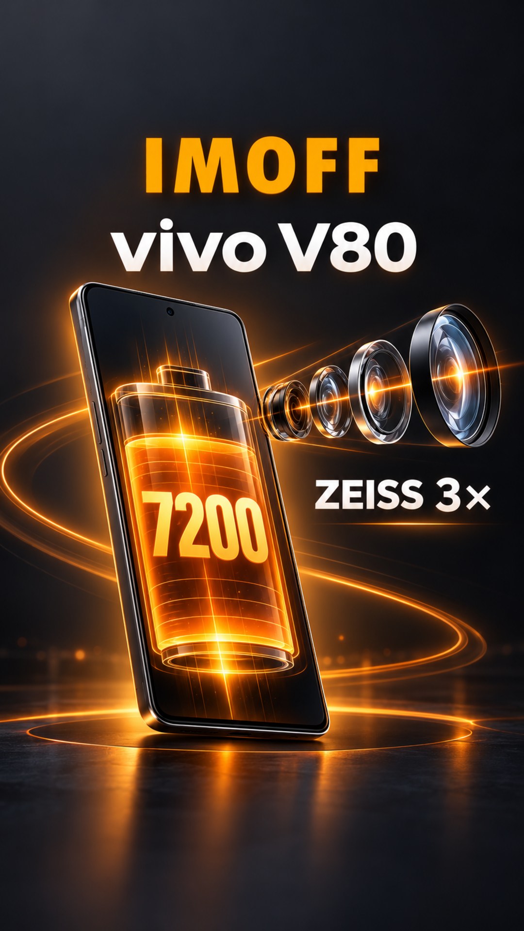 Концептуальная карточка vivo V80 с оранжевой батареей, числом 7200 и оптическими линзами ZEISS 3×