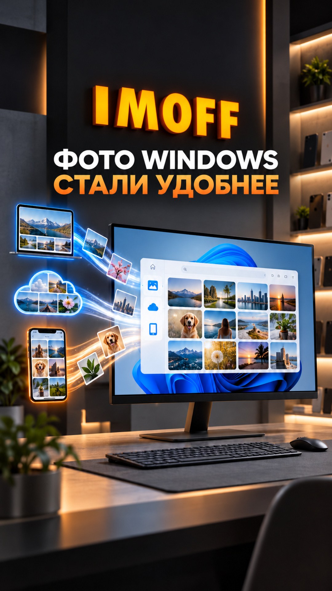 Монитор Windows 11 с концептуальной единой галереей фотографий на фоне салона IMOFF